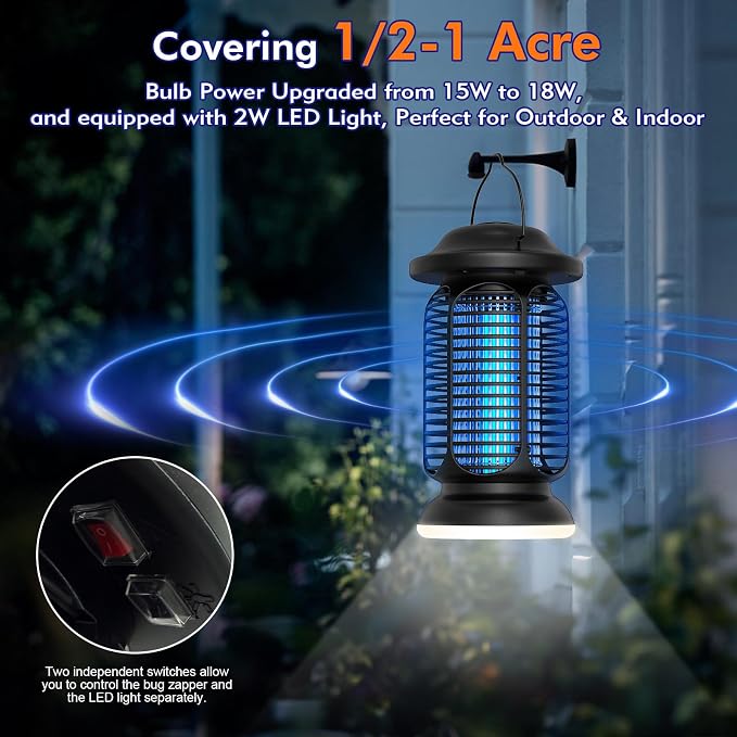 AMUFER Bug Zapper Outdoor & Indoor, Upgraded 18W Exclusive Blue-Violet Light with 2W LED Lamp, 100% Increase in Mosquito Control Effect, Coverage of 1/2-1 Acre, Fly Zapper for Patio, Backyard, Home