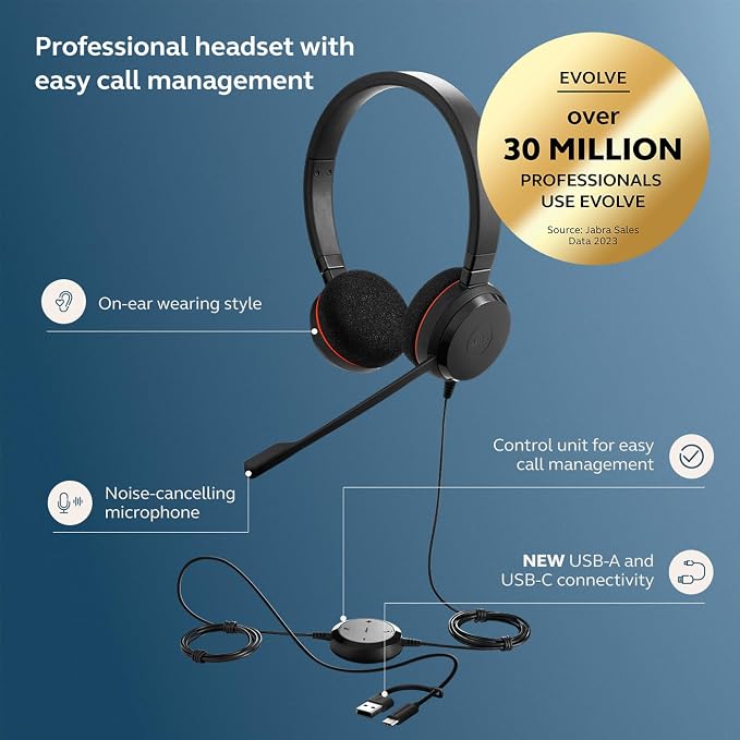 Jabra Evolve 20 Wired Headset (2025 Edition) - Dual-Ear Set for Office and Work from Home - Call Control - Certified for MS Teams - USB-C/A Connectivity - Black