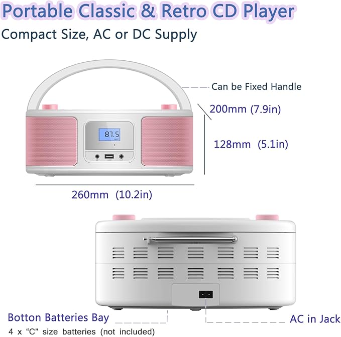Portable CD Player Boombox with Bluetooth, FM Radio Stereo, Remote Control, USB Input and 3.5mm AUX Headphone Jack, Programmable CD Player, 4 watts of Audio, AC/Battery Powered