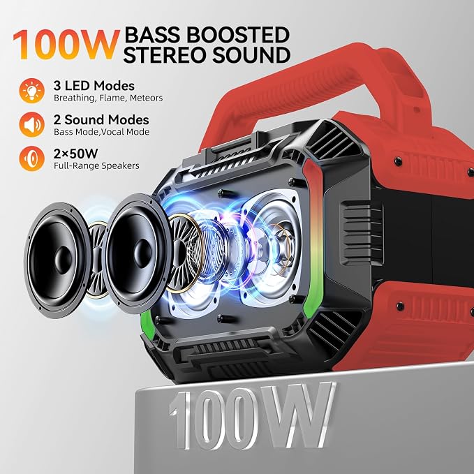 Wilody Speakers Bluetooth Wireless, 100W Loud Outdoor Speaker with Bass, IPX7 Waterproof Floatable, 20H Playtime, RGB Light, Portable Speaker with TWS for Work, Outdoor, Garage, Camping (Crimson)