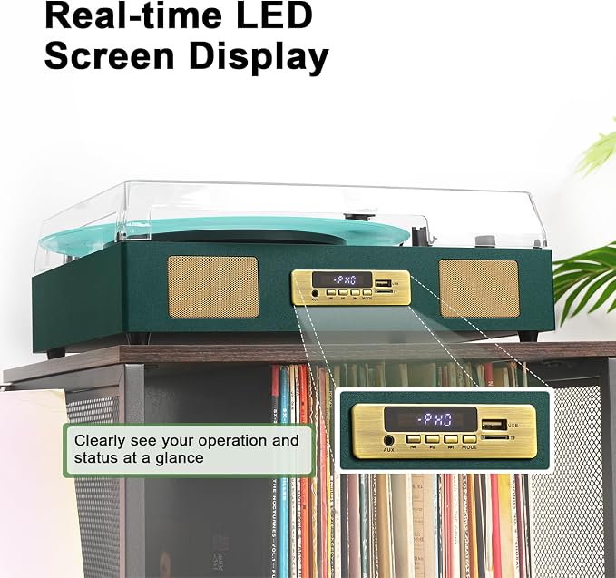 Vinyl Record Player with Enhanced Speakers, Wireless Bluetooth Playback, USB/SD Recording, 3-Speed Belt Drive Turntable, Vintage LP Player Support RCA Output AUX Input EQ,Dark Green