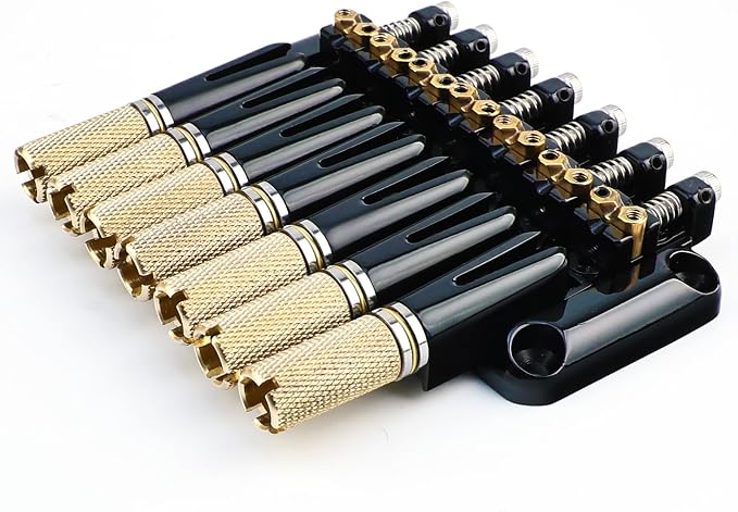 Headless 7-String Guitar Bridge 10.5mm Fixed Bridge -Brass Saddles Zinc Alloy Plate, Stable Intonation，Easy Installation/Adjustment, Fits Most 7-String Headless Guitars （Gold Tailpiece Nut）