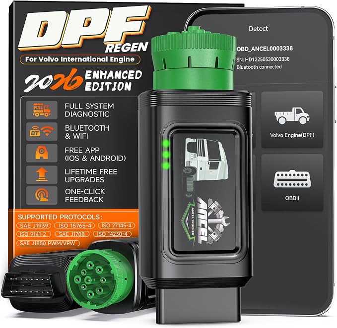 ANCEL HD120 Heavy Duty Truck Scanner with DPF Regen & Parked Regen for Volvo & International MaxxForce Engines, Bluetooth Full-System HDOBD/OBD2 Diesel Scanner, Lifetime Updates
