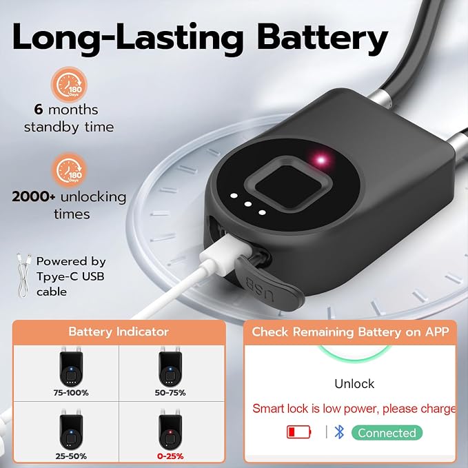 Fingerprint Cable Lock, eLinkSmart Fridge Locks with Bluetooth APP Control, Biometric Smart Padlock for Adults Baby Proof Cabinet Refrigerator French Door Cabinet Gate Locker Bike, 14.9'' Long Black