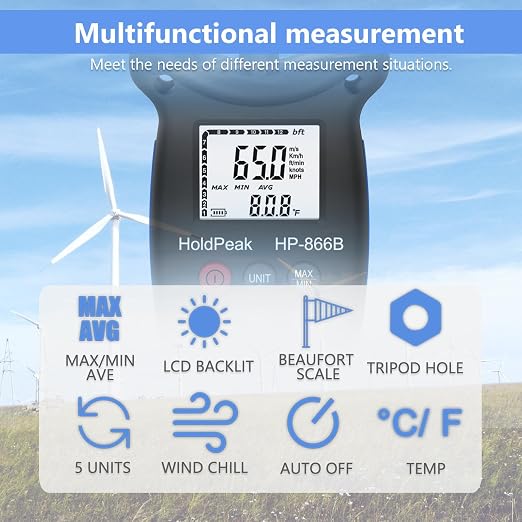 HoldPeak 866B Handheld Anemometer with Tripod, Digital Wind Speed Gauge Meter, Air Flow Velocity Temperature CFM Measuring Device for HVAC Outdoor Sailing Shooting Golf