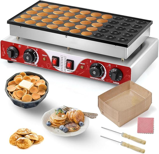 Moongiantgo Mini Pancake Maker Machine 50pcs, Non-Stick Commercial Dutch Pancake Maker Stainless Steel, Electric Muffin Poffertjes Waffle Baker With 2 Thermostats&2 Timers For Restaurant&Home, 110v