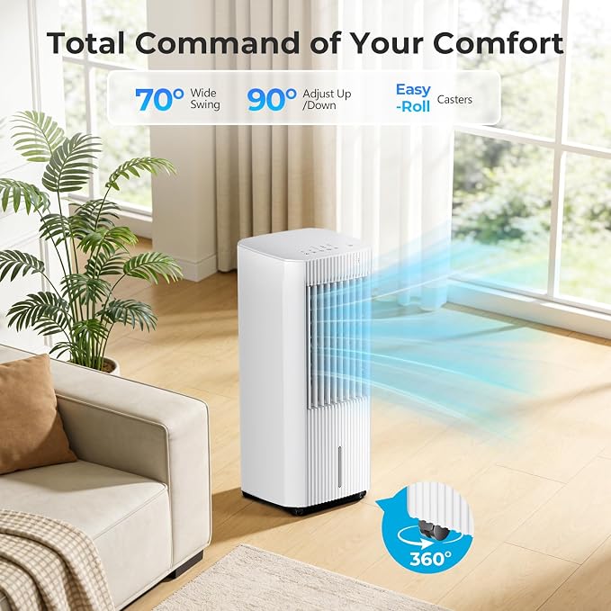 Electactic Portable Air Cooler,3 In 1 Swamp Cooler with Ice Packs,15H Timer,3 Speeds & Modes,Windowless AC for Apartments,Bedroom,Office,45dB Quiet,Pet-Friendly,Off White