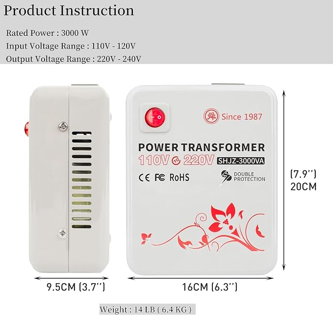 SUNSHUN Step Up Transformer 110v to 220v Converter 3000W Voltage Transformer 110-120v to 220-240v with Temperature Protection for European Asian Appliances in USA