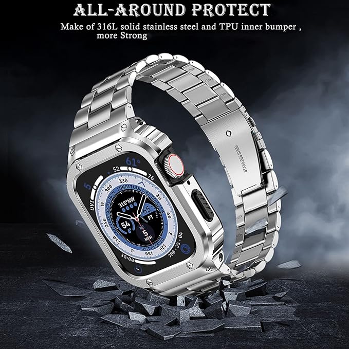 MioHHR Stainless Steel Band and Case Compatible with Apple Watch Band 46mm Series 11 10, Men Metal Protective Bumper Cover for iWatch 46mm Series 11/10, Silver
