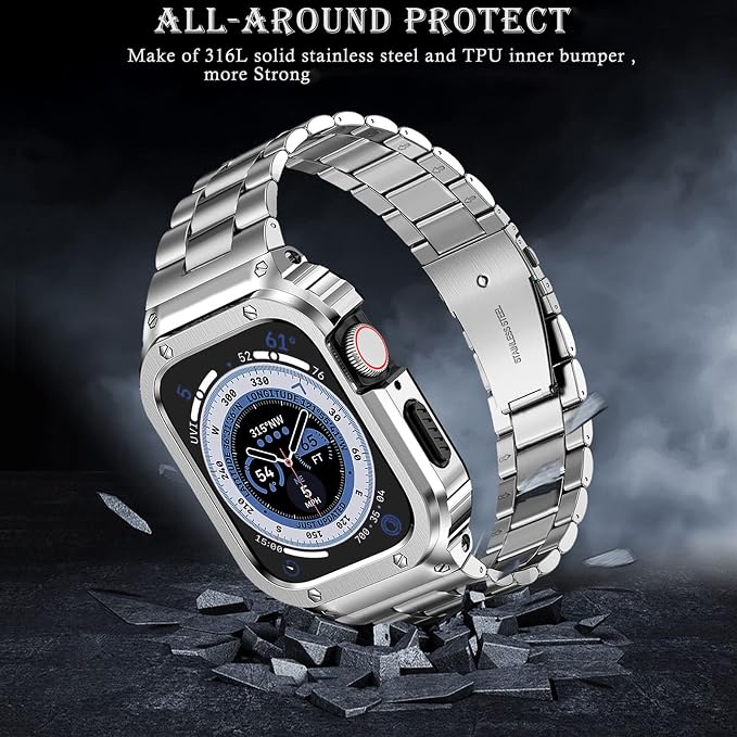 MioHHR Stainless Steel Band and Case Compatible with Apple Watch Band 42mm Series 11 10, Men Metal Protective Bumper Cover for iWatch 42mm Series 11/10, Silver