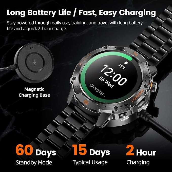 WalkerFit Smart Watch for Men, Rugged Tactical Fitness Tracker with 1.43" AMOLED Display, Bluetooth Calls, 5ATM Waterproof, 170+ Sports, SpO2/Heart Rate Monitor, 2 Bands, iPhone/Android Compatible