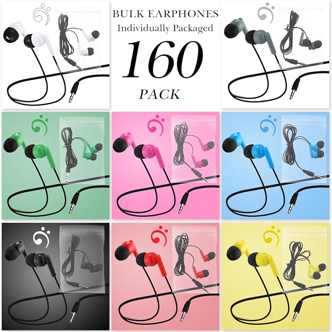 Konohan 160 Packs Bulk Earbuds with Wire Earphones Classroom Wired Headphones for Students Headphones Individually Bagged, 8 Colors Ear Buds Bulk for Classroom School Library(Bright Color)