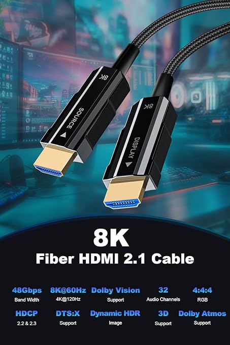 8K Long HDMI 2.1 Cable 66ft, Fiber Optic HDMI Braided Cord, High Speed Active HDMI Cable, 48Gbps, 8K@60Hz 4K@120Hz, Dynamic HDR, Dolby, HDCP 2.2&2.3, 3D, for HDTV Monitor Game Laptop Home Theatre