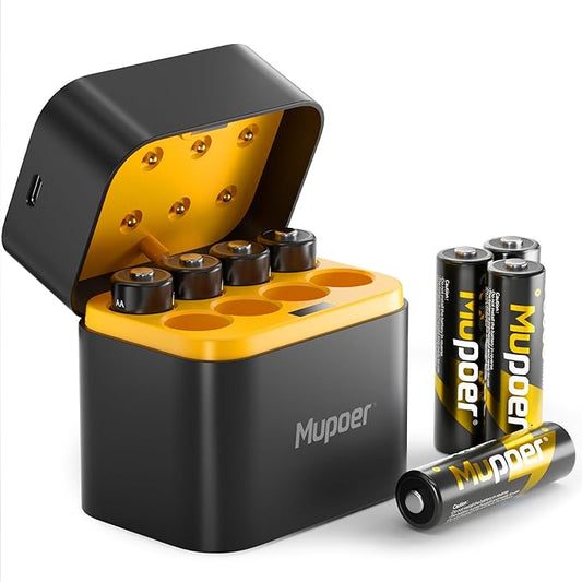 Rechargeable Lithium Batteries AA 8-Pack with Charger, 1.5V Double A Batteries 3600mWh, Long Lasting Rechargeable AA Li-ion Battery with Integrated Charging Storage Box - Golden