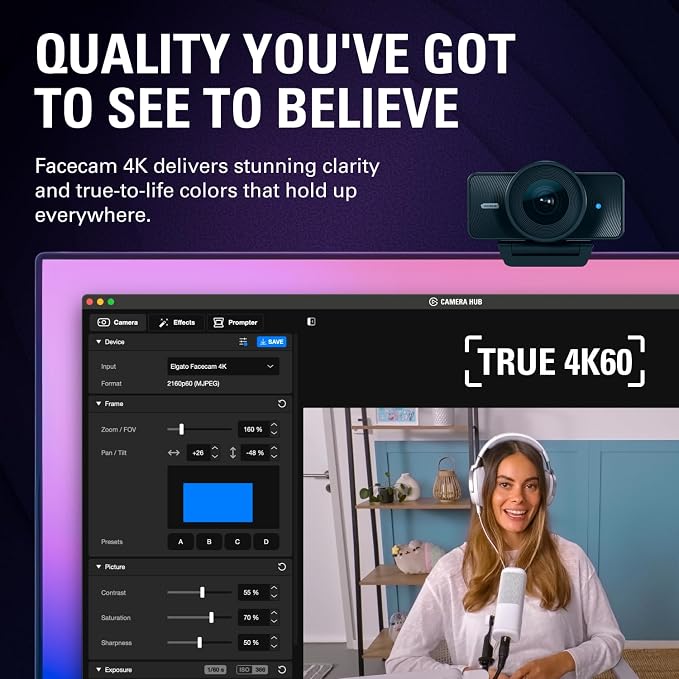 Elgato Facecam 4K - 4K60 Studio Webcam, DSLR-Like Control, Cinematic Effects, 49mm Lens Filters, HDR, Uncompressed Video, Optimized Focus Area | USB-C for PC & Mac | Sony Sensor, 49mm Lens Filter Support, Cinematic Effects, No Compression, Works with O...