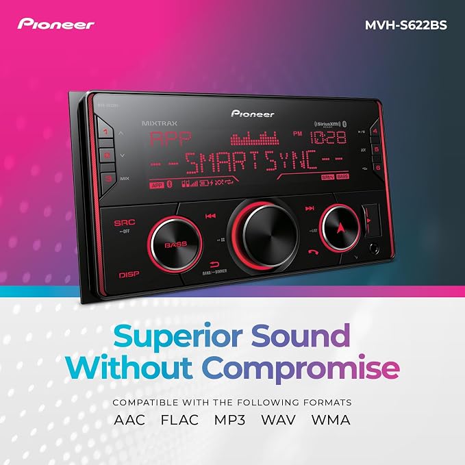 Pioneer MVH-S622BS Double Din Digital Media Receiver – Bluetooth, SiriusXM, Color Change, USB, FLAC, Voice Control, 50W x 4 Output, 13-Band EQ, AM/FM Radio, Hi-Volt RCA Preouts