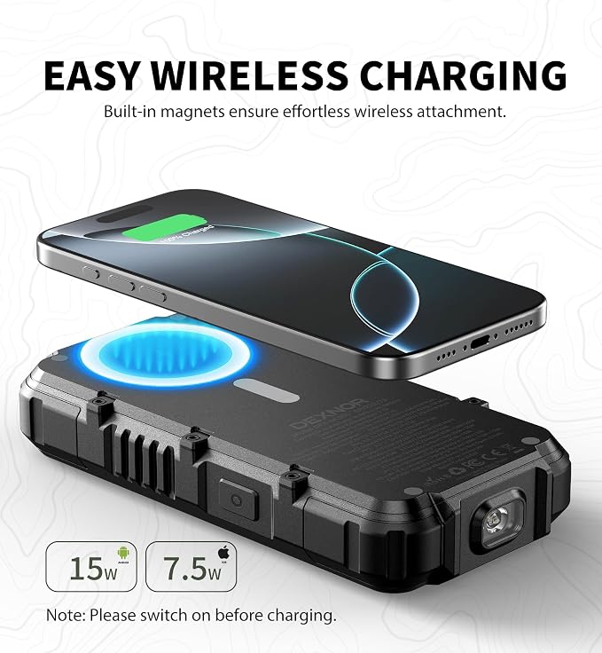 Dexnor 27,000mAh Solar Power Bank Portable Charger, Fast Charging External Battery Pack with LED Flashlight, 3 Ports & Wireless Charging for Phone, Tablets, Laptops for Camping, Travel & Emergency