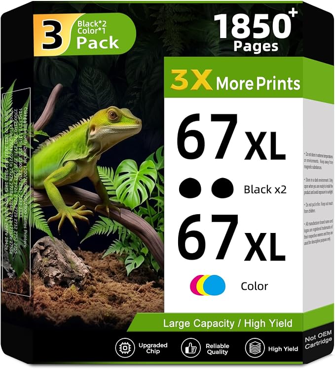 67XL Ink Cartridges 3-Pack Replacement for HP Ink 67 HP67 XL HP67XL Black Color Combo for 2800 2855e 4125e 4100 4200 2755e 6055e 6000 2700e 2742e 2752e 6400 4155e 2700 6455e 2827e 4200e 6458 Printer