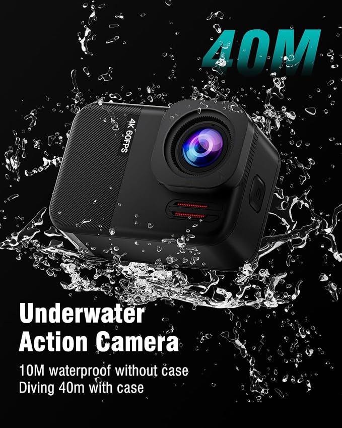 4K60fps Waterproof Action Camera- Bare Metal Underwater 10M with 64G SD Card, HD 48MP Touchscreen Sports 6-Axis Stabilization,8X Zoom Underwater Camera Snorkeling with Helmet Accessories