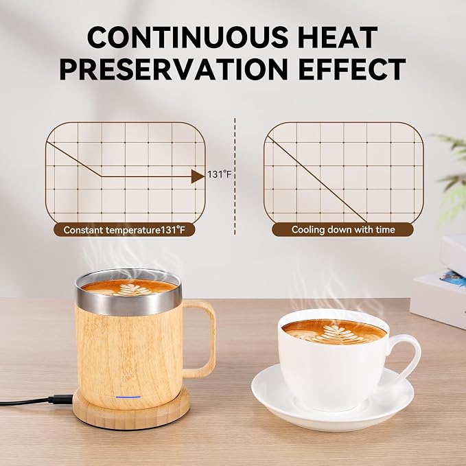 Gifts for Women Men, Heated Coffee Mug Up to 149°F, Ideal Gifts for Christmas, Birthday, Mother's Day, Father's Day or Any Occasion (12oz Bamboo)