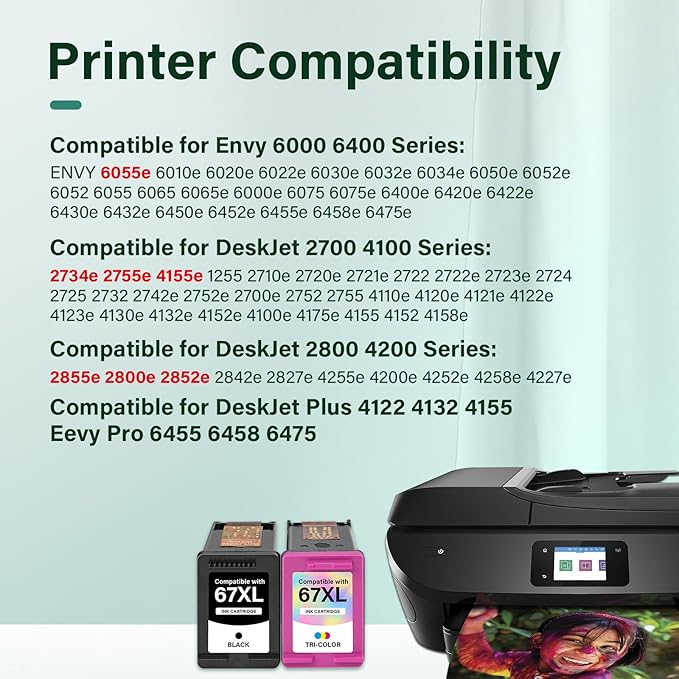67XL 67 XL 6055e 2755e 2800e 2855e 6000 Ink Cartridges Black/Color Combo Pack Compatible for HP Printer DeskJet 6055e 2700 4155e 4255e 4100 2700e 2734e 2800 2852e Envy 6055e 6455e 6400 Series (2-Pack)