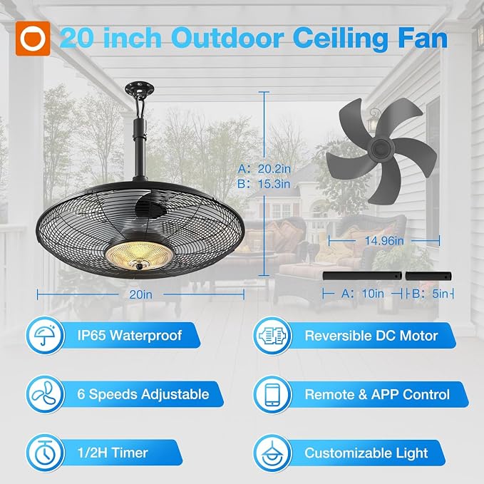 addlon Outdoor Ceiling Fan with Light for Patios, 20" IP65 Waterproof Gazebo Fan Remote&APP Control, 6 Speeds, 3CCT Dimmable, Plug in Ceiling Fan with Hook Hanging Caged Fan for Pergola Porch Canopy