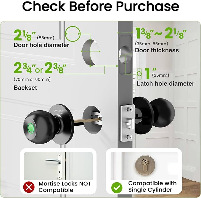 GHome Smart Fingerprint Door Lock, 3 in 1 Smart Fingerprint Door Knob with App Control & Key, Auto Lock, Biometric Thumbprint Door Locks for Bedroom, Garage, Home & Office