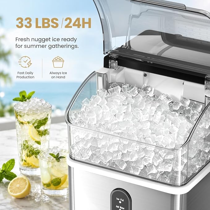 Kismile Nugget Ice Makers Countertop,35Lbs/24H,Portable Sonic Ice Machine with Self-Cleaning,One-Click Operation for Home/Office(Stainless Steels Silver)