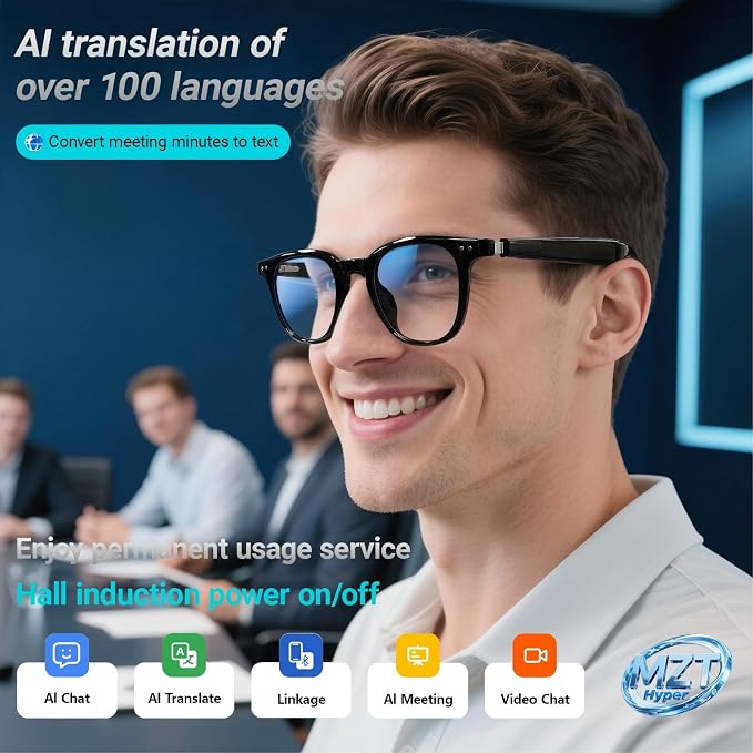 AI Smart Glasses with Open Ear Speaker, 5.4 Bluetooth,Voice Assistant Compatible,Real-Time Translation,Auto Color-Changing Lenses for Business&Outdoor Activities.