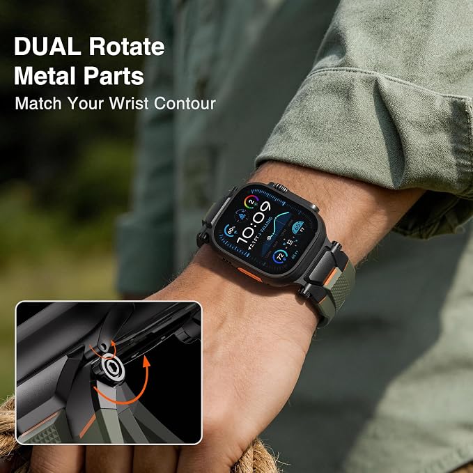 ULTIMAL Rugged Band for Apple Watch Ultra 3/2/1 49mm, Series 11/10/9/8/7/6/5/4 SE 46mm/45mm/44mm, Waterproof, Soft TPU Strap with Stainless Steel Buckle & Connectors, Sweat-Resistant, Easy to Clean, Fits 155-225mm Wrist (Black/green)