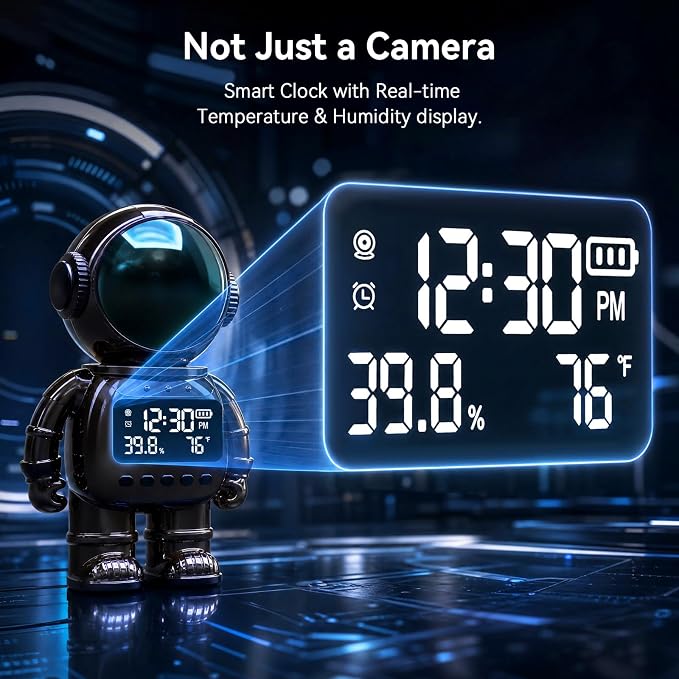 GBIUT Robot Alarm Clock Camera, 2K HD 5G/2.4Ghz WiFi Pet Robot Camera, Human Detection, Night Vision, Two-Way Talk & Motion Alert, Temp Humidity Display, Space Gift for Kids