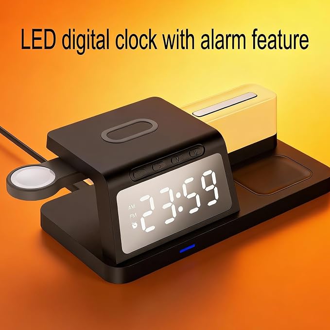 3-in-1 Wireless Charging Station with Digital Clock & Night Light, 15W Fast Qi-Certified Charger for Phones, Smartwatches & Earbuds | Charges 3 Devices Simultaneously, HT309 Black.