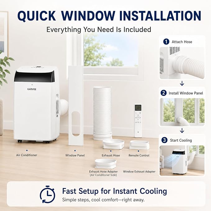 Garvee 14000 BTU Portable Air Conditioners, 4-in-1 Portable AC with Cooling, Dehumidifier, Fan, Follow Me, 24-Hour Timer, Remote, Window Kit for Large Room, Bedroom, Home Office Use, 750 Sq. Ft, 115V
