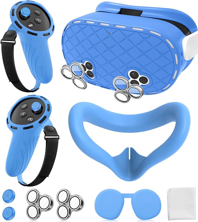 Silicone Cover Set Compatible with Meta/Oculus Quest 3s Accessories, Silicone Face Cover, Controller Grip Cover, Camera Lens Protector, VR Shell Cover, Protective Lens Cover, Not Fit Quest 3