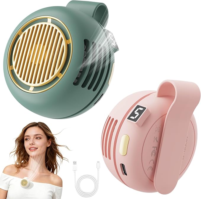 UNIWA Clip On Fan, Portable Silent Mini Bladeless Fan for Shirt/Waist, 5 Speed Adjustable&LED Display, Spin 360° Fan, Hands-Free, Small Wearable Fan for Outdoor Travel, Office, Gift Women-Teal+Pink