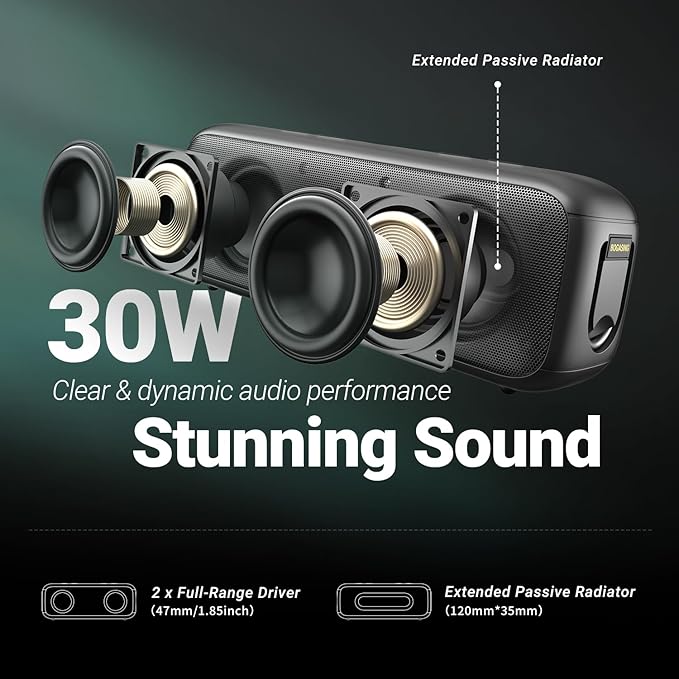 BOGASING G6 Bluetooth Speaker, Portable Wireless Speakers with 30W Loud Stereo Sound, 35H Playtime, IPX6 Waterproof, Bluetooth 5.3, EQ, TF-Card, AUX, USB Stick, Outdoor Speaker for Party (Black)