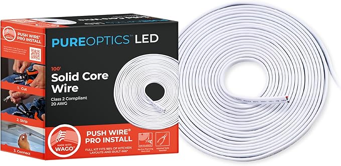 PureOptics LED Professional Push Wire 100' Jumper Wire Spool for Under Cabinet Lighting, Flat 5/6" or 8mm Cable, 4-Core CL2 Compliant, Non-Metallic, White