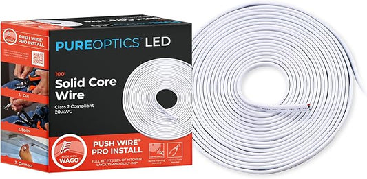 PureOptics LED Professional Push Wire 100' Jumper Wire Spool for Under Cabinet Lighting, Flat 5/6" or 8mm Cable, 4-Core CL2 Compliant, Non-Metallic, White