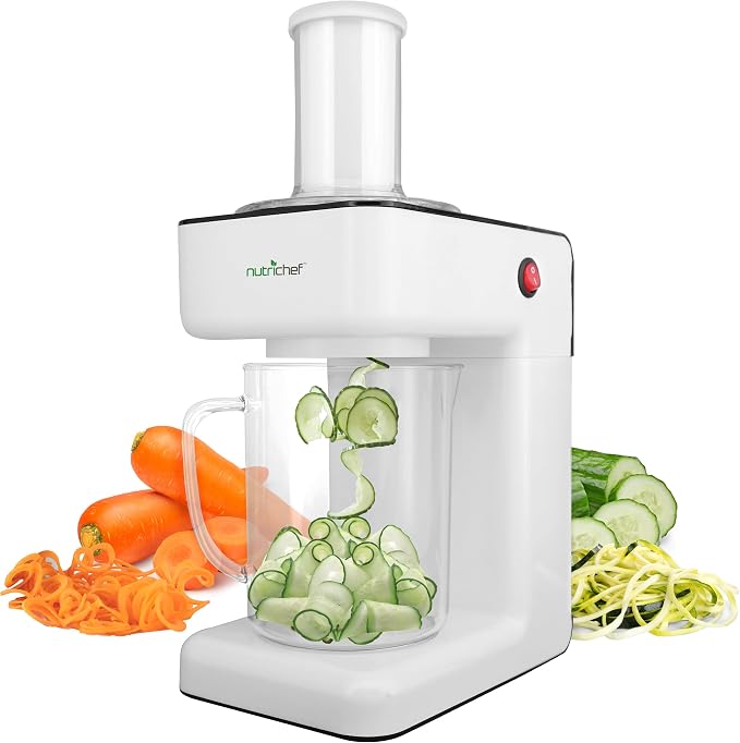 NutriChef Electric Vegetable Spiralizer – 3-Blade Zucchini Spiralizer Noodle Maker, Veggie Spiral Slicer for Healthy Zoodles, Salad, Pasta, & Garnishes – Dishwasher-Safe, Food-Grade Design