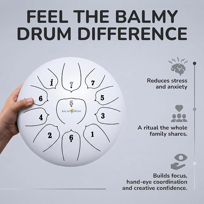 Balmy Drum Steel Tongue Drum 10 inch 11 Notes 440Hz, Handpan Drum with Music Book, Mallets, Carry Bag, Finger Picks, Rain Drum for Outdoor, Meditation Yoga Calming Instruments for Adults Kids (White)