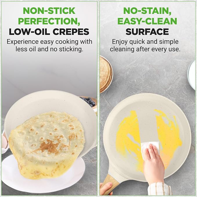 NutriChef 11” Non-Stick Crepe Pan with Wooden Spreader, Durable Marble Coated Tawa Pan for Roti Indian, Comal para Tortillas and Tacos With Induction Bottom, Round Griddle (White Cream Marble)
