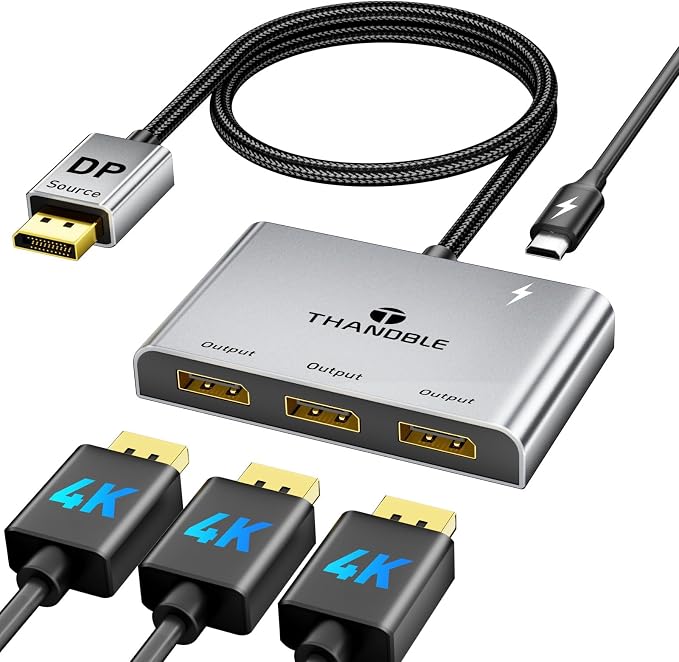 DisplayPort Splitter for Multi Monitor Extended Display, 4K 60Hz 3xDP MST Hub Display Port to 3 Display Port 1 in 3 Out Adapter for NVIDIA, AMD, PC, Windows