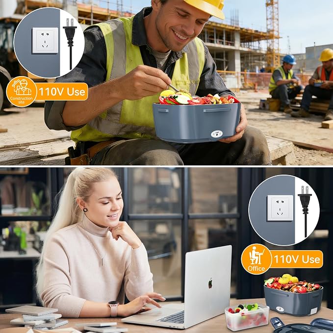 Vingud Electric Lunch Box for Adults, Heated Lunch Box Food Warmer, 80W Portable Heating Lunchbox for Work/Car/Truck, 12/24/110V Lonchera Eléctrica Portátil Christmas White Elephant Gifts, Blue Gray