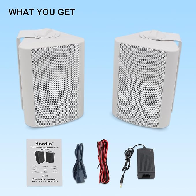 Herdio 5.25 Inch 300 Watts Indoor Outdoor Bluetooth Speakers Waterproof Wall Mount Speakers Wired System All Weather Resistant for Patio Porch Home Theater Backyard(White)
