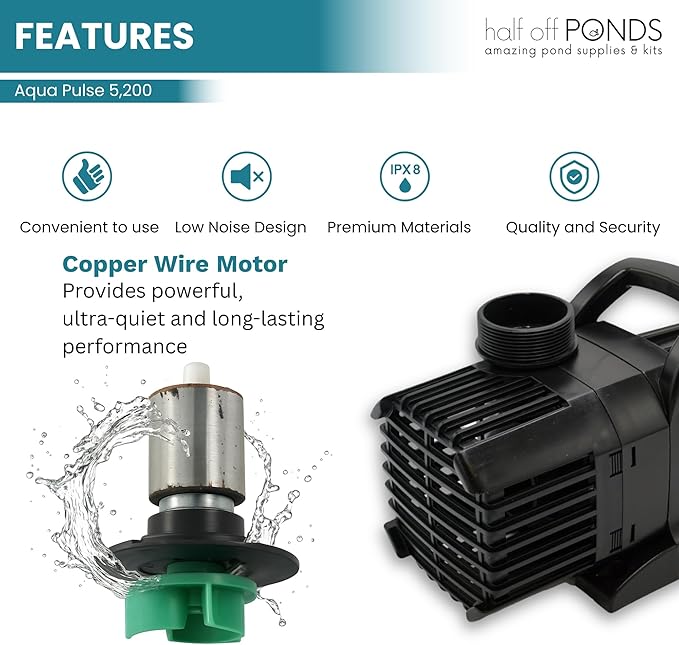 Aqua Pulse Submersible Pond Pump, 5,200 GPH, 33 ft Cord | 21 ft max head, 294W energy efficient, Ultra quiet, For koi ponds, Waterfalls, Fountains