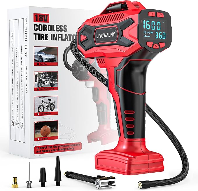 Tire Inflator Air Compressor Compatible with Milwaukee 18V Battery, LIVOWALNY 160 PSI Cordless Portable Electric Air Pump 2026 Bigger LCD Digital Pressure Gauge for Car, Bike, Sport Ball (Tool Only)