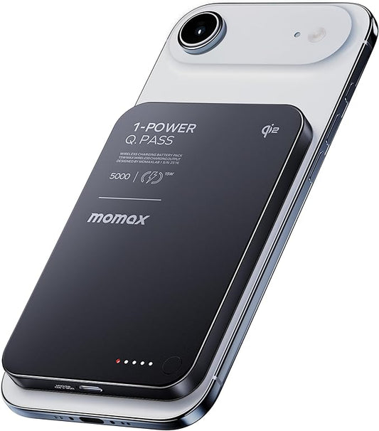 MOMAX 0.37" Slim Magnetic Portable Charger, Qi2 Certified 15W Power Bank Fast Charging, 5000mAh for Magsafe Battery Pack iPhone Air/17/16/15/14/13/12,Samsung Galaxy, Google Pixel, Android
