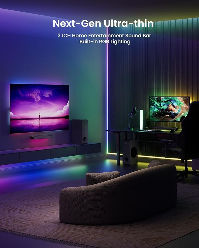 MEREDO Sound Bar for Smart TV 160W 3.1CH PC Gaming Soundbar with Subwoofer RGB Lighting Audio Sync Surround Sound System BT 5.3/HD-ARC/Optical/AUX/USB for Desktop Tablets Consoles Home Cinema