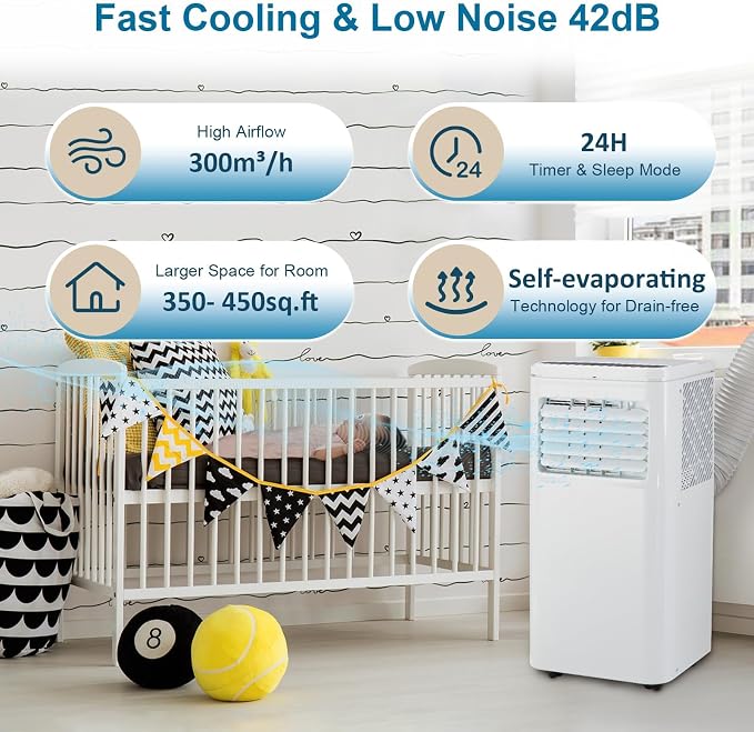 10,000 BTU Portable Air Conditioners - Cools 450 Sq. Ft., 4-in-1 Portable AC Unit with Cool, Fan, Dehumidifier, Sleep, 24H Timer, Remote & Installation Kit, for Bedroom, Office, Dorm