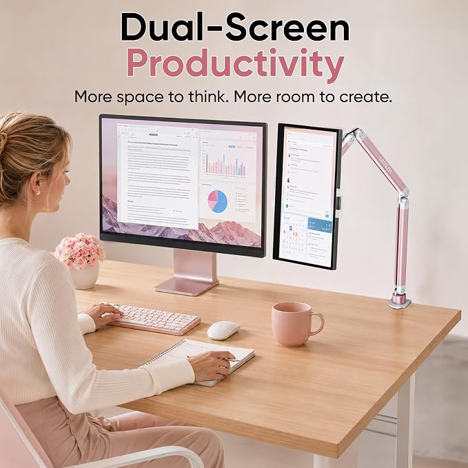 Urmust Portable Monitor Stand 15.6", iPad Stand for Desk, Portable Monitor Holder up to 18.5", Adjustable Desktop Tablet Arm Mount, iPad Holder for Desk, for 4.7"-12.9" i Pad Pro/Air/Mini Pink